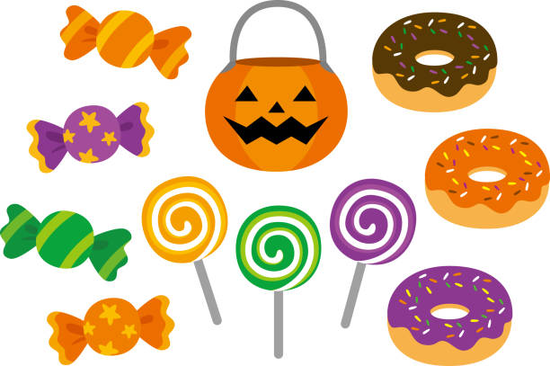 ilustraciones, imágenes clip art, dibujos animados e iconos de stock de bolsa de caramelos y calabazas de halloween - candy