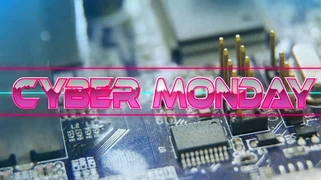 Cyber monday text on neon banner against close up of microprocessor connections on motherboard