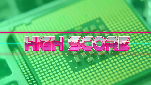 High score text on neon banner against close up of microprocessor connections on motherboard