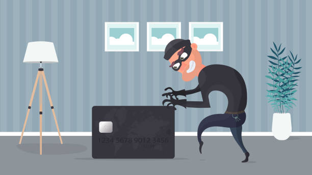 The robber steals a bank card. The thief is trying to steal a bank card. Good for the topic of security, robbery, scam and fraud. Vector. The robber steals a bank card. The thief is trying to steal a bank card. Good for the topic of security, robbery, scam and fraud. Vector. cartoon burglar stock illustrations