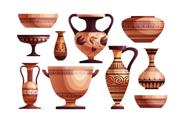 Antique Greek vase with decoration. Ancient traditional clay jar or pot for wine. Vector cartoon illustration. Vector greece illustrations stock illustrations