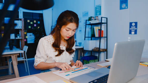 istock Freelance Asia women using laptop hard work at new normal home office. 1332802370