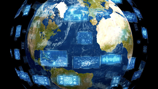Concepto de red de comunicación global. Transformación digital. Elementos de esta imagen proporcionada por la NASA. Renderizado 3D. photo