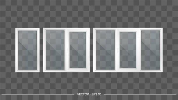 ilustrações de stock, clip art, desenhos animados e ícones de set of metal-plastic windows with transparent glasses. modern windows in a realistic style. vector. - wall profile