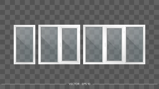 Set of metal-plastic windows with transparent glasses. Modern windows in a realistic style. Vector.