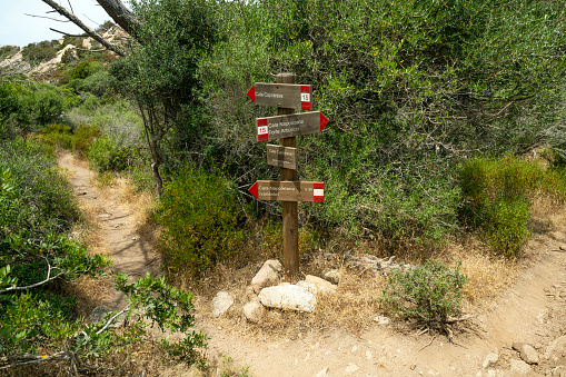 (Selective focus) Focus on the wooden footpath sign indicates the direction to Cala Caprarese and Cala Napoletana located in the beautiful island of Caprera in the Maddalena archipelago, Sardinia.