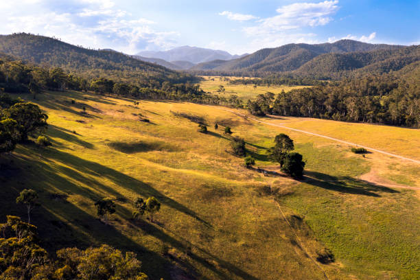 Aerial view at Sunset of the Victorian high country, Wonnongatta Station