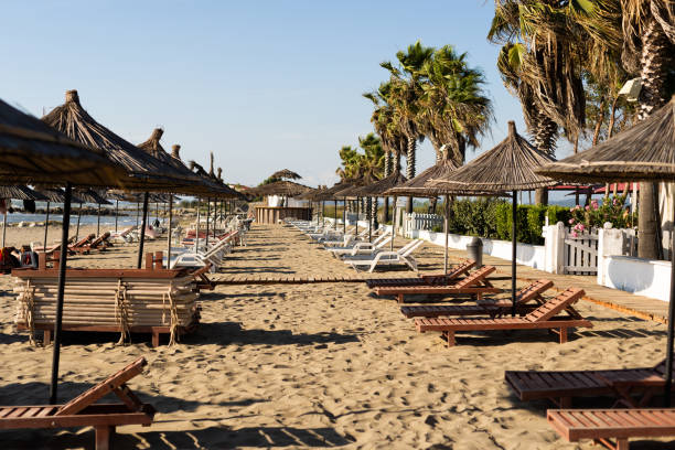 istock Several sun loungers in the beach 1332812165