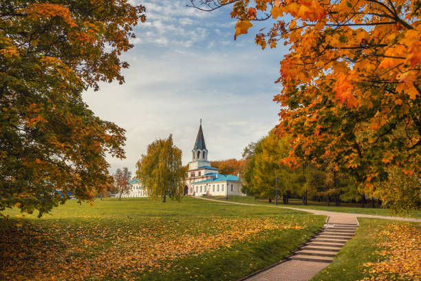 View of architectural complex in Kolomenskoye on autumn . Moscow. Russia stock photo