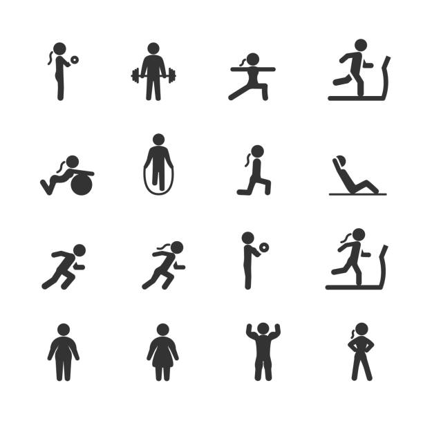 Vector set of fitness people icons. Vector set of fitness people icons. woman on exercise machine stock illustrations