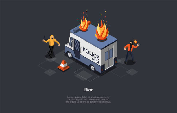 ilustrações de stock, clip art, desenhos animados e ícones de vector illustration in cartoon 3d style. isometric composition on political riot, rebel concept. dark background, characters, text. two people standing, weapon in hands, burning police truck near. - protest police activist hooligan