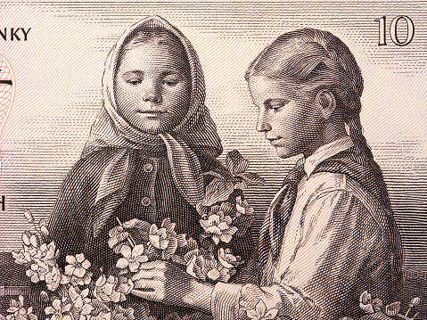 Two girls with flowers from old Czechoslovak money - Koruna