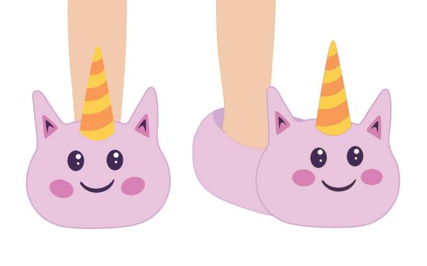 Slippers unicorn legs Slippers with uicorn vector. Illustration for printing, backgrounds, wallpapers, covers, packaging, greeting cards, posters, stickers, textile and seasonal design. Isolated on white background. woman feet bed stock illustrations