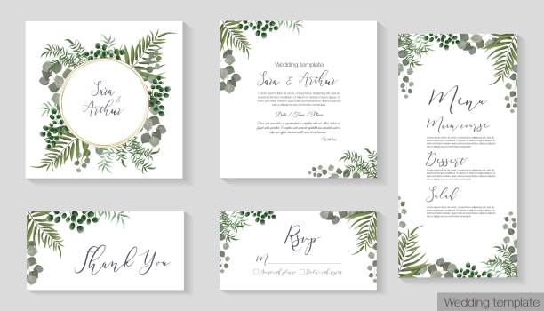 Vector herbal wedding invitation template Vector herbal wedding invitation template. Different herbs, green plants and leaves, unripe berries, round gold frame. All elements can be isolated. fruit borders stock illustrations