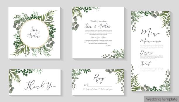 Vector herbal wedding invitation template Vector herbal wedding invitation template. Different herbs, green plants and leaves, unripe berries, round gold frame. All elements can be isolated. floral menu card stock illustrations
