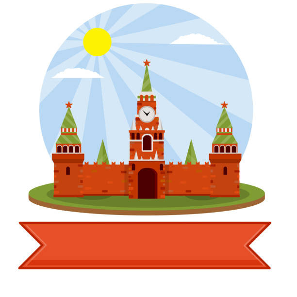 Moscow kremlin. Tourist destination for tour to capital. Fortress with tower and wall. Tourist attraction. Cartoon flat illustration. Summer season. Residence of Russian. President on red square Moscow kremlin. Tourist destination for tour to capital. Fortress with tower and wall. Tourist attraction. Cartoon flat illustration. Summer season. Residence of Russian. President on red square kremlin stock illustrations