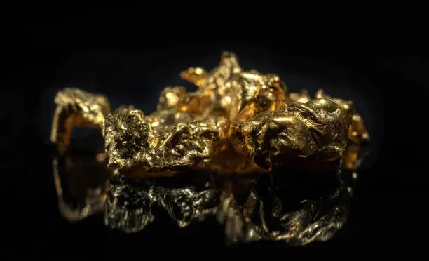 Gold nugget on a mirror dark background. Selective focus.
