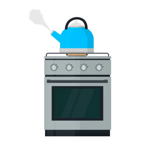 Vector illustration of Gas stove. Kettle boils water