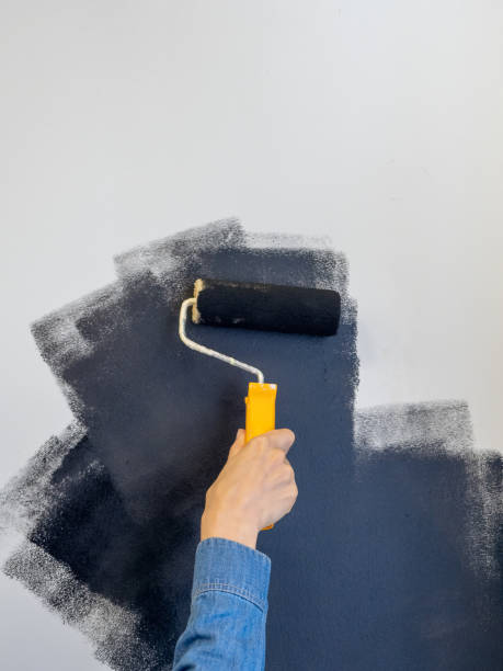 istock Woman painting a wall in black. Copy space. 1332826963