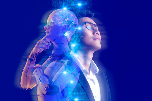 business investment and ai artificial intelligence data analysis technology. businessman and robot future investor, stock market, forex, and crypto currency finance investment. - artificial intelligence stockfoto's en -beelden