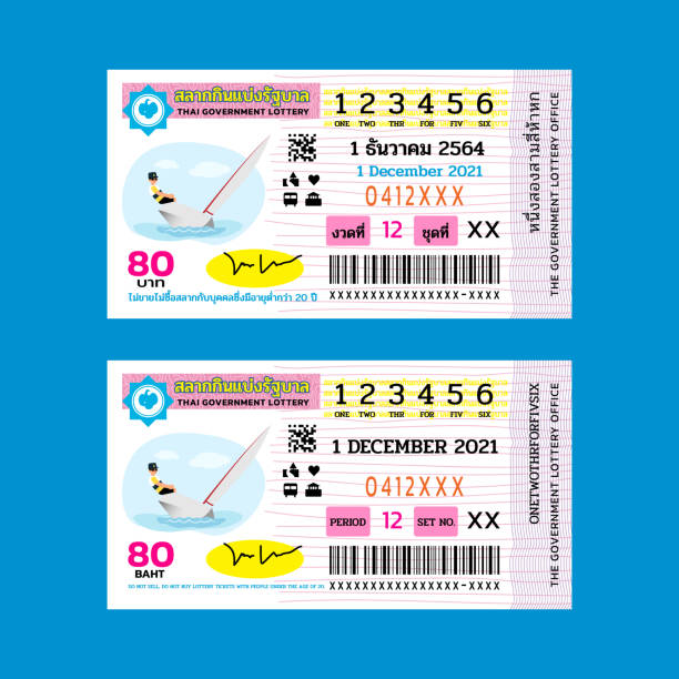 ilustraciones, imágenes clip art, dibujos animados e iconos de stock de ilustración de la lotería del gobierno tailandés para diciembre de 2021 con texto tailandés e inglés. sobre un fondo azul utilizado para el diseño de la información y la educación - artículos de lotería