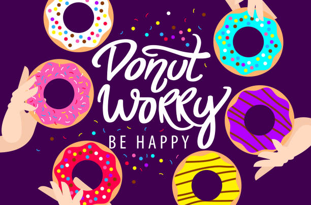 istock Donut worry be happy. Handwritten lettering. Hands holding colored glazed donuts and colorful sprinkles. Vector modern brush calligraphy. 1332829367