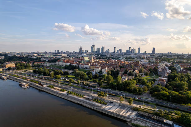 Warsaw during the day. Busy city seen from above on a beautiful sunny day. The largest city in Poland, shown in a wonderful way. stock photo