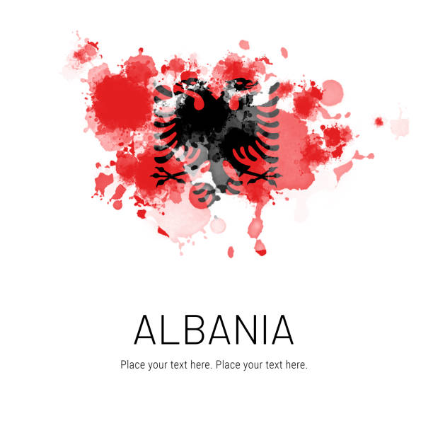 Flag of Albania ink splat on white background. Splatter grunge effect. Copy space. Solid background. Text sample.