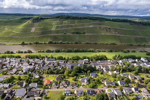 Aerial view of  landscape on the river Moselle and the village Brauneberg, Rhineland-Palatinate