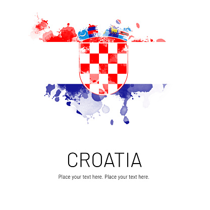 Flag of Croatia ink splat on white background. Splatter grunge effect. Copy space. Solid background. Text sample.