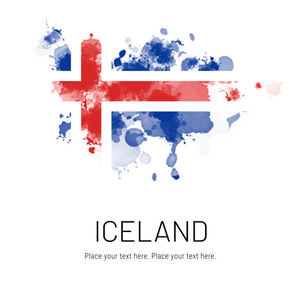 Flag of Iceland ink splat on white background. Splatter grunge effect. Copy space. Solid background. Text sample.