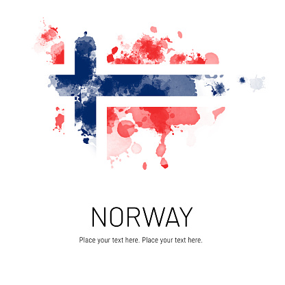 Flag of Norway ink splat on white background. Splatter grunge effect. Copy space. Solid background. Text sample.