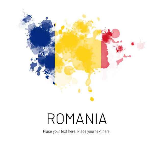 Flag of Romania ink splat on white background. Splatter grunge effect. Copy space. Solid background. Text sample.