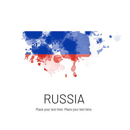 Flag of Russia ink splat on white background. Splatter grunge effect. Copy space. Solid background. Text sample.