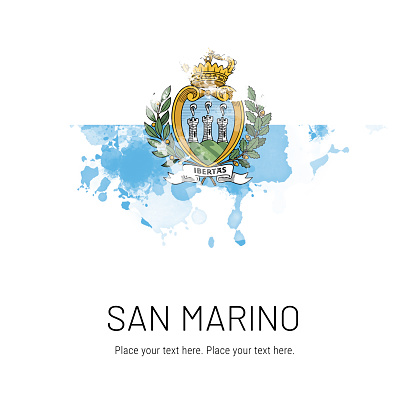 Flag of San Marino ink splat on white background. Splatter grunge effect. Copy space. Solid background. Text sample.