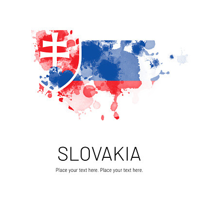 Flag of Slovakia ink splat on white background. Splatter grunge effect. Copy space. Solid background. Text sample.