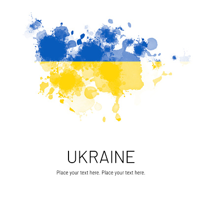 Flag of Ukraine ink splat on white background. Splatter grunge effect. Copy space. Solid background. Text sample.