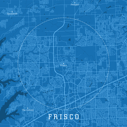 Frisco TX City Vector Road Map Blue Text. All source data is in the public domain. U.S. Census Bureau Census Tiger. Used Layers: areawater, linearwater, roads.