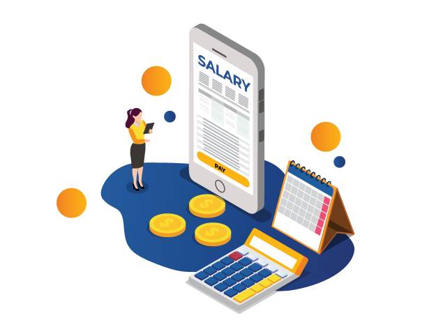 Online salary payment isometric 3d Online salary payment isometric 3d vector concept for banner, website, illustration, landing page, flyer, etc. salary stock illustrations
