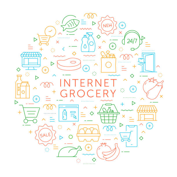 Design Element of Internet Grocery. Pattern Design with Outline Icons. Colorful Vector Illustration