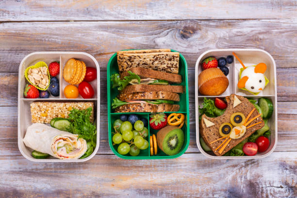 healthy school lunch boxes - lunch box imagens e fotografias de stock