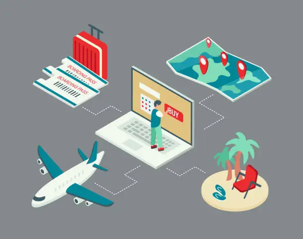 Vector illustration of Online Travel Buying Tickets Isometric illustration