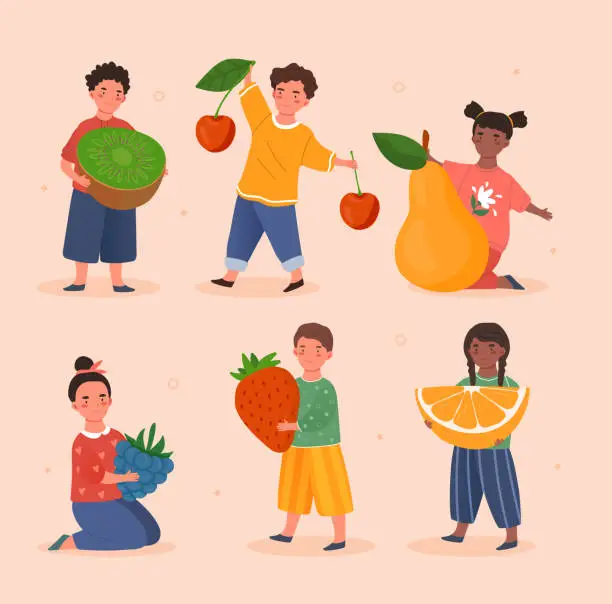 Vector illustration of Small children holding big fruits