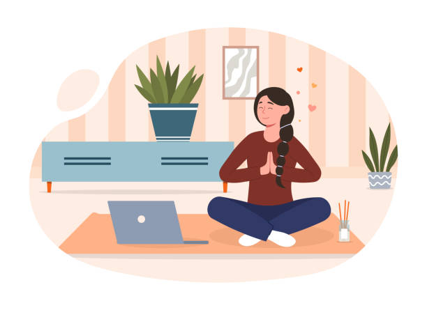 Meditative practice concept Meditative practice concept. Woman sitting on floor at home in lotus position and watching yoga and meditation lesson. Emotional and mental health. Cartoon flat vector illustration on white background meditation room stock illustrations