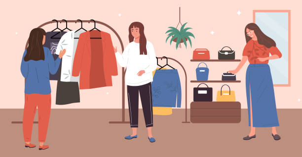 ilustrações de stock, clip art, desenhos animados e ícones de buying clothes concept - adult variation boutique occupation