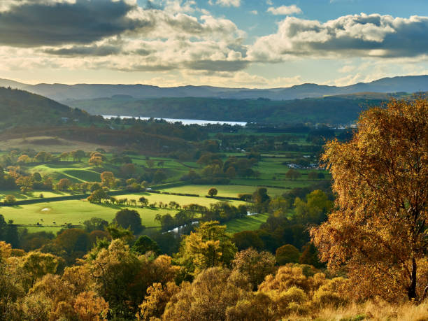 soleil d’automne sur les champs verts près de la rivière dee et du lac bala. - north wales photos et images de collection