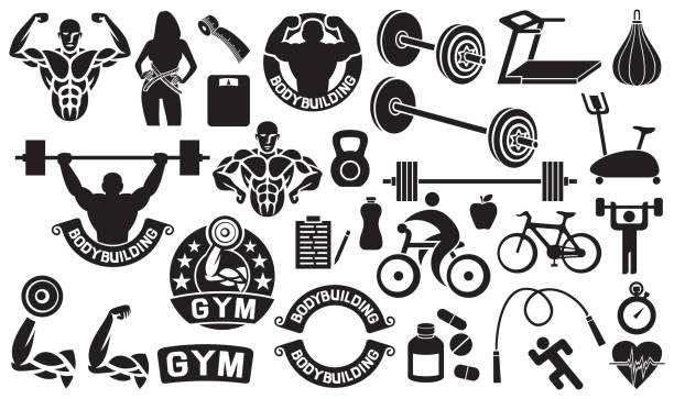 ilustraciones, imágenes clip art, dibujos animados e iconos de stock de iconos del culturismo construyendo fitness - muscular build human muscle men anatomy