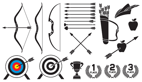 Archery icons set (trophy cup, Robin Hood hat, leather quiver, bow and arrow, pierced apple, target)