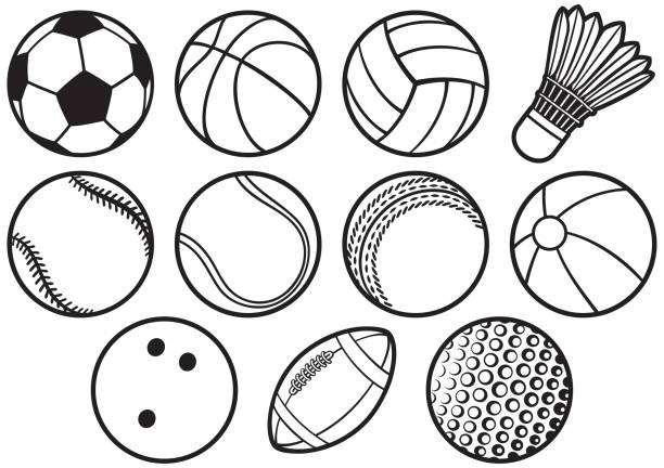 ilustraciones, imágenes clip art, dibujos animados e iconos de stock de conjunto de iconos de línea delgada de bolas - tennis in a row team ball