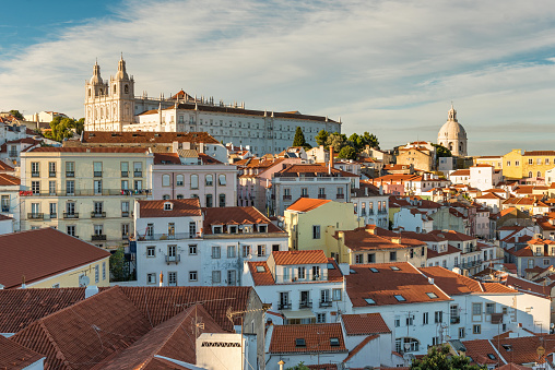 Wide angle cityscape view over Medieval Lisbon from Miradouro Das Portas Do Sol, Portugal, Europe